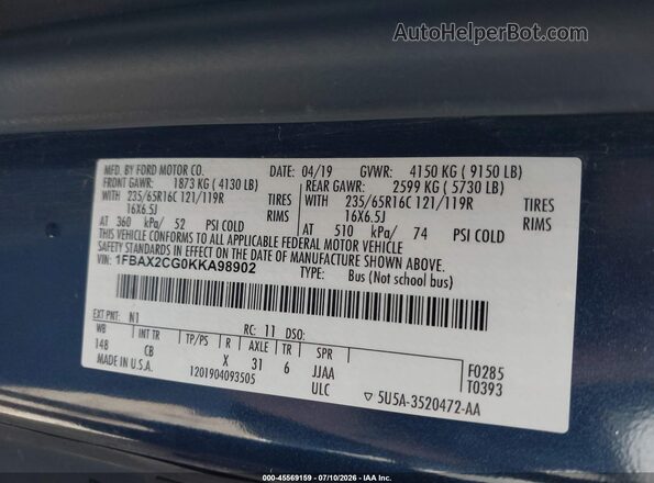 1FBAX2CG0KKA98902 2019 FORD TRANSIT-350 Dark Blue Вид подкапотного пространства