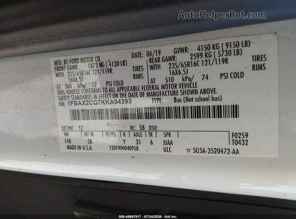 1FBAX2CG7KKA94393 2019 FORD TRANSIT-350 Белый Вид подкапотного пространства