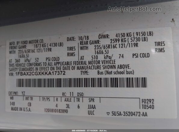 1FBAX2CGXKKA17372 2019 FORD TRANSIT-350 White Engine compartment view