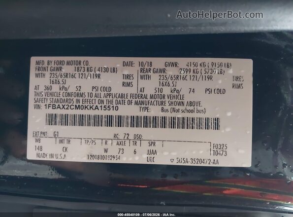 1FBAX2CM0KKA15510 2019 FORD TRANSIT-350 Black ძრავის განყოფილების ხედი