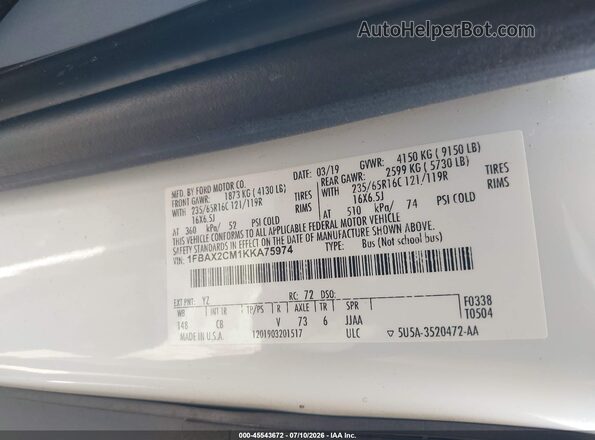 1FBAX2CM1KKA75974 2019 FORD TRANSIT-350 White Вид підкапотного простору