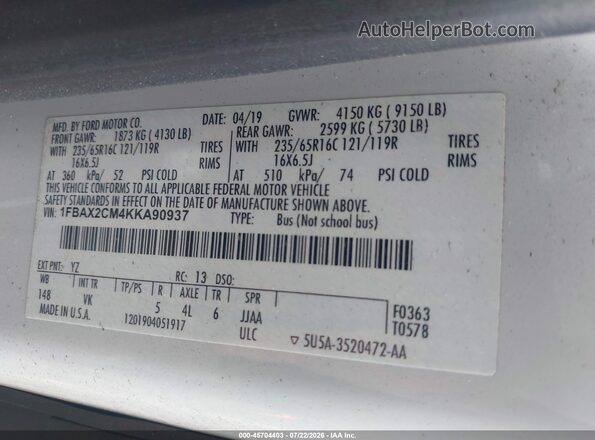 1FBAX2CM4KKA90937 2019 FORD TRANSIT-350 Белый Вид подкапотного пространства
