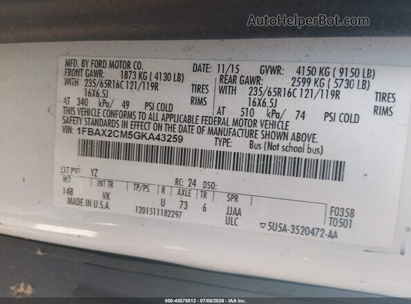 1FBAX2CM5GKA43259 2016 FORD TRANSIT-350 White ძრავის განყოფილების ხედი
