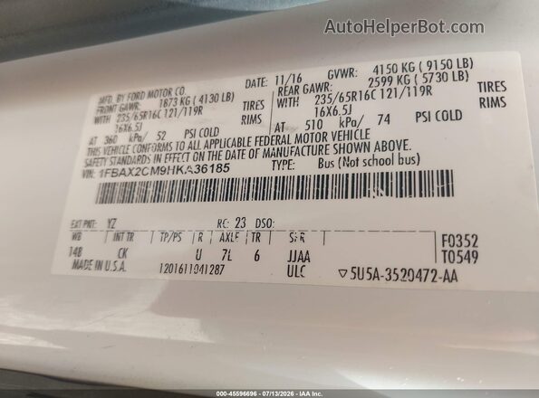 1FBAX2CM9HKA36185 2017 FORD TRANSIT-350 White Widok komory silnika
