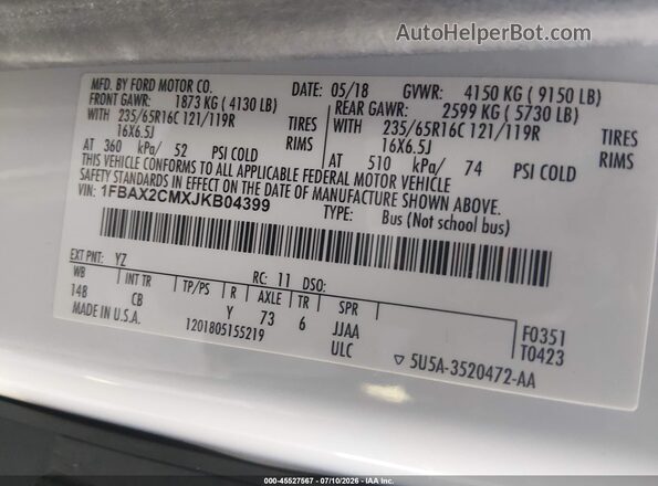 1FBAX2CMXJKB04399 2018 FORD TRANSIT-350 White Engine compartment view