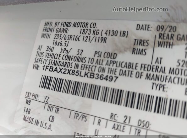 1FBAX2X85LKB36497 2020 FORD TRANSIT-350 White Widok komory silnika