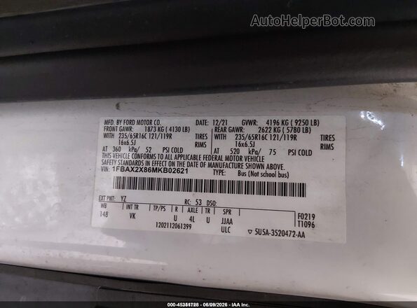 1FBAX2X86MKB02621 2021 FORD TRANSIT-350 White ძრავის განყოფილების ხედი