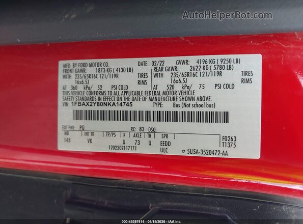 1FBAX2Y80NKA14745 2022 FORD TRANSIT-350 Red ძრავის განყოფილების ხედი