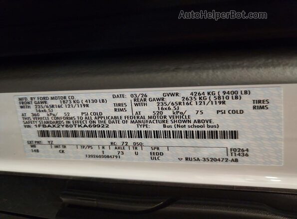 1FBAX2Y80TKA69922 2026 FORD TRANSIT White Vista interior de 360 grados
