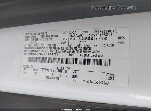 1FBAX2Y82NKA14763 2022 FORD TRANSIT-350 White ძრავის განყოფილების ხედი