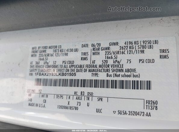 1FBAX2Y83LKB01505 2020 FORD TRANSIT-350 White ძრავის განყოფილების ხედი