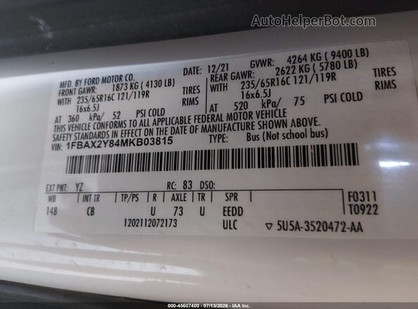 1FBAX2Y84MKB03815 2021 FORD TRANSIT-350 White Вид підкапотного простору