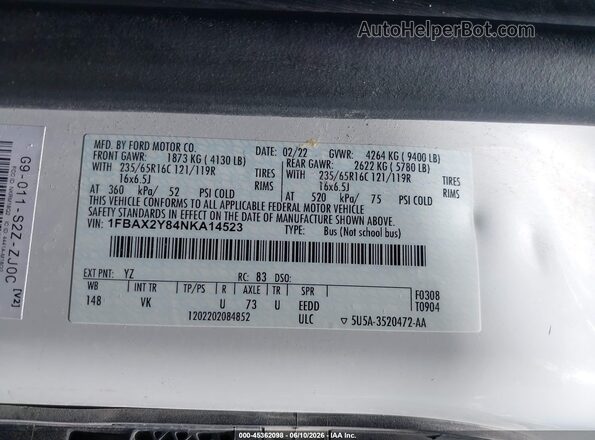 1FBAX2Y84NKA14523 2022 FORD TRANSIT-350 White ძრავის განყოფილების ხედი