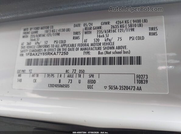 1FBAX2Y85RKA77250 2024 FORD TRANSIT-350 White Engine compartment view