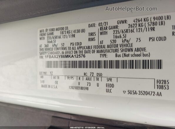 1FBAX2Y86MKA12576 2021 FORD TRANSIT-350 White ძრავის განყოფილების ხედი