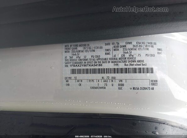 1FBAX2Y86TKA54180 2026 FORD TRANSIT-350 White Շարժիչի բաժամունքի տեսք