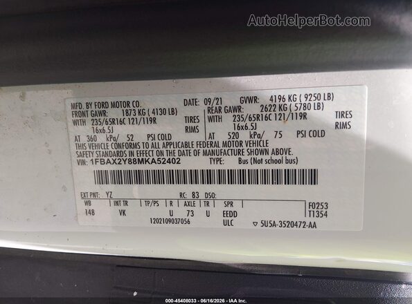 1FBAX2Y88MKA52402 2021 FORD TRANSIT-350 White Вид підкапотного простору