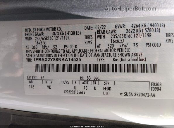1FBAX2Y88NKA14525 2022 FORD TRANSIT-350 White ძრავის განყოფილების ხედი