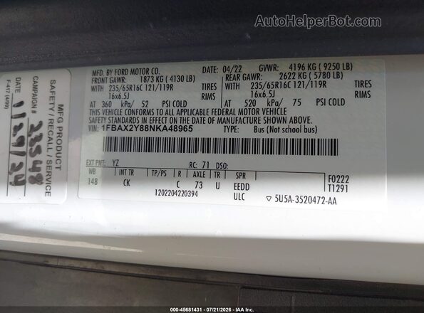 1FBAX2Y88NKA48965 2022 FORD TRANSIT-350 White ძრავის განყოფილების ხედი