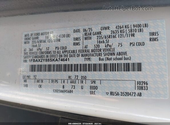 1FBAX2Y88SKA74641 2025 FORD TRANSIT-350 White ძრავის განყოფილების ხედი