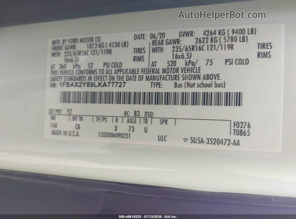 1FBAX2Y89LKA77727 2020 FORD TRANSIT-350 White Շարժիչի բաժամունքի տեսք