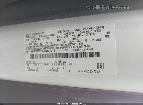 1FBAX2Y89LKB08913 2020 FORD TRANSIT-350 White ძრავის განყოფილების ხედი