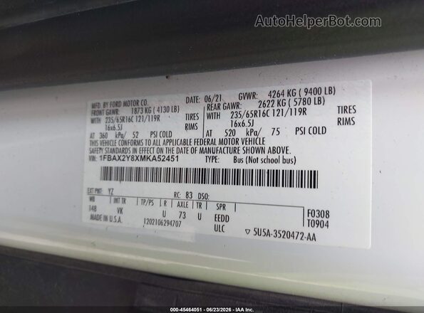 1FBAX2Y8XMKA52451 2021 FORD TRANSIT-350 White Շարժիչի բաժամունքի տեսք