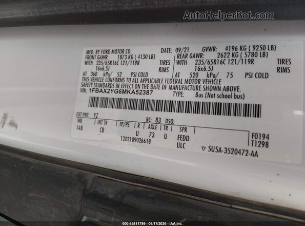 1FBAX2YG6MKA52387 2021 FORD TRANSIT-350 White ძრავის განყოფილების ხედი