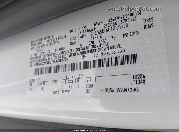 1FBAX2YG6TKA28539 2026 FORD TRANSIT-350 White Вид підкапотного простору