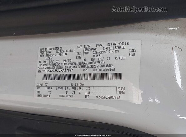 1FBZX2CM3JKA17897 2018 FORD TRANSIT-350 White Vista del compartimento del motor