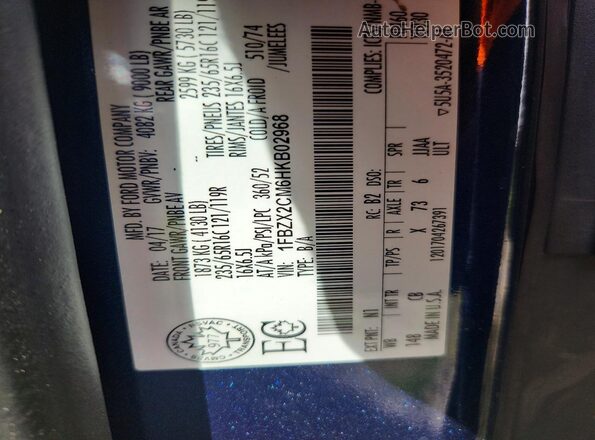 1FBZX2CM6HKB02968 2017 FORD TRANSIT Blue Widok naklejki z numerem VIN