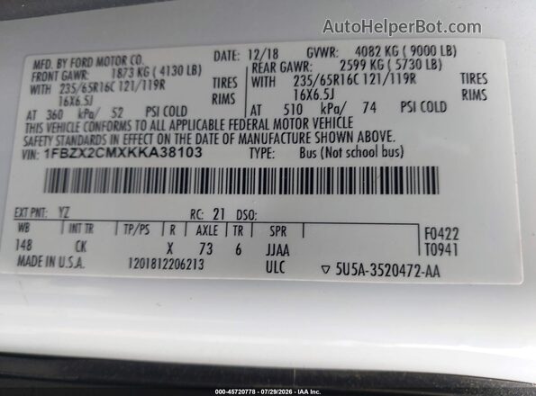 1FBZX2CMXKKA38103 2019 FORD TRANSIT-350 White Շարժիչի բաժամունքի տեսք