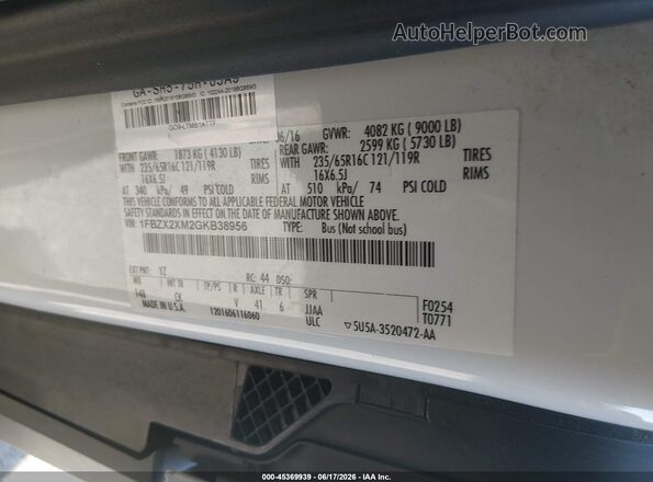 1FBZX2XM2GKB38956 2016 FORD TRANSIT-350 White ძრავის განყოფილების ხედი