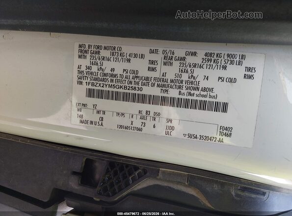 1FBZX2YM5GKB25830 2016 FORD TRANSIT-350 Белый Вид подкапотного пространства