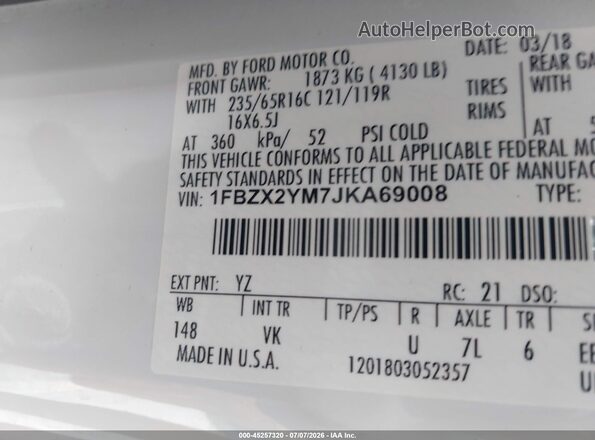 1FBZX2YM7JKA69008 2018 FORD TRANSIT-350 White Շարժիչի բաժամունքի տեսք