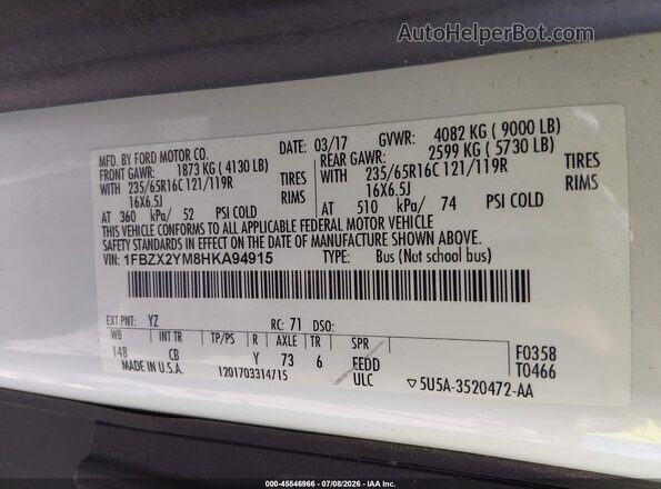 1FBZX2YM8HKA94915 2017 FORD TRANSIT-350 Белый Вид подкапотного пространства