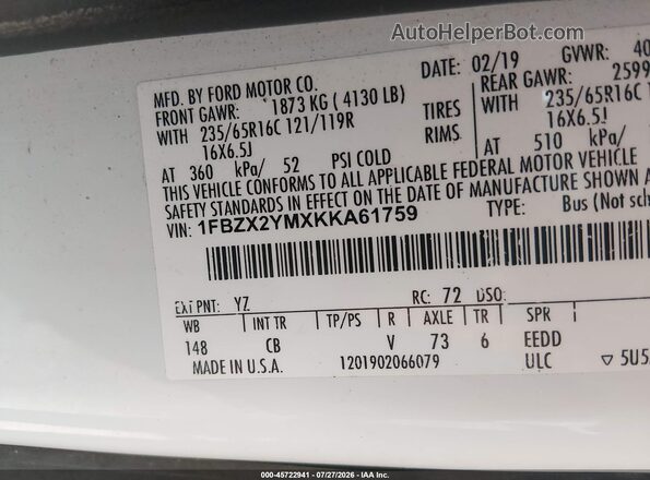 1FBZX2YMXKKA61759 2019 FORD TRANSIT-350 White Vista del compartimento del motor