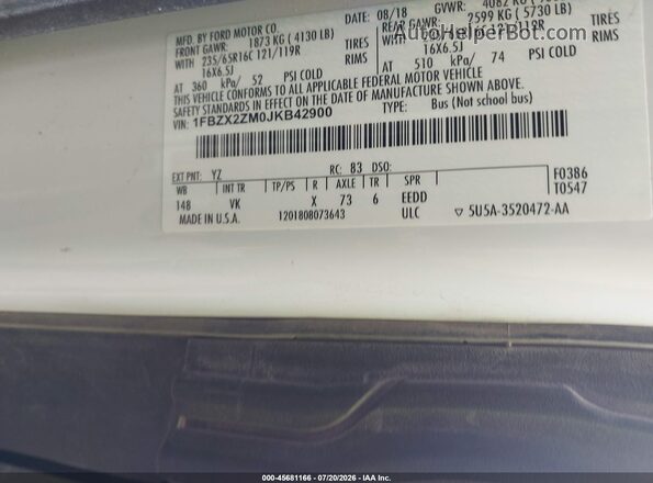 1FBZX2ZM0JKB42900 2018 FORD TRANSIT-350 White Vista del compartimento del motor