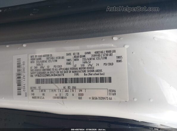 1FBZX2ZM0JKB43075 2018 FORD TRANSIT-350 White Widok komory silnika