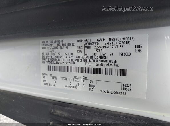 1FBZX2ZM0JKB52889 2018 FORD TRANSIT-350 White Շարժիչի բաժամունքի տեսք