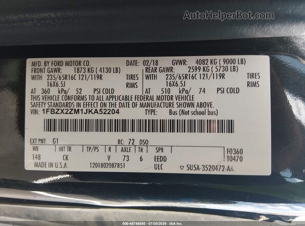 1FBZX2ZM1JKA52204 2018 FORD TRANSIT-350 Черный Вид подкапотного пространства