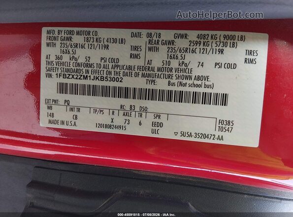 1FBZX2ZM1JKB53002 2018 FORD TRANSIT-350 Red Вид підкапотного простору