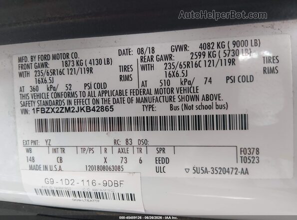 1FBZX2ZM2JKB42865 2018 FORD TRANSIT-350 White Vista del compartimento del motor