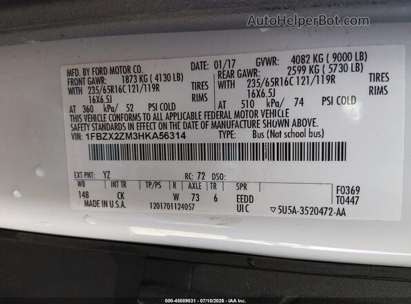 1FBZX2ZM3HKA56314 2017 FORD TRANSIT-350 Белый Вид подкапотного пространства