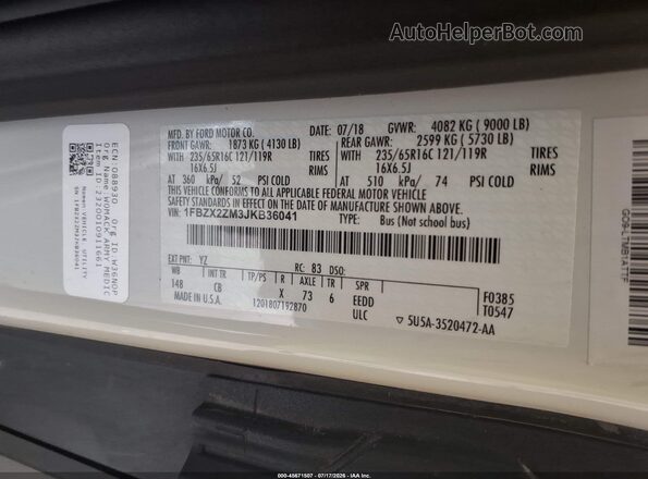 1FBZX2ZM3JKB36041 2018 FORD TRANSIT-350 White Vista del compartimento del motor
