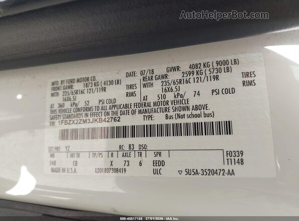 1FBZX2ZM3JKB42762 2018 FORD TRANSIT-350 White Engine compartment view