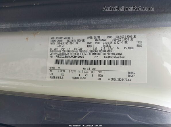 1FBZX2ZM4JKB42902 2018 FORD TRANSIT-350 White Widok komory silnika