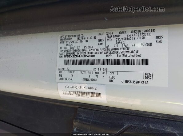 1FBZX2ZM4JKB52880 2018 FORD TRANSIT-350 White Շարժիչի բաժամունքի տեսք