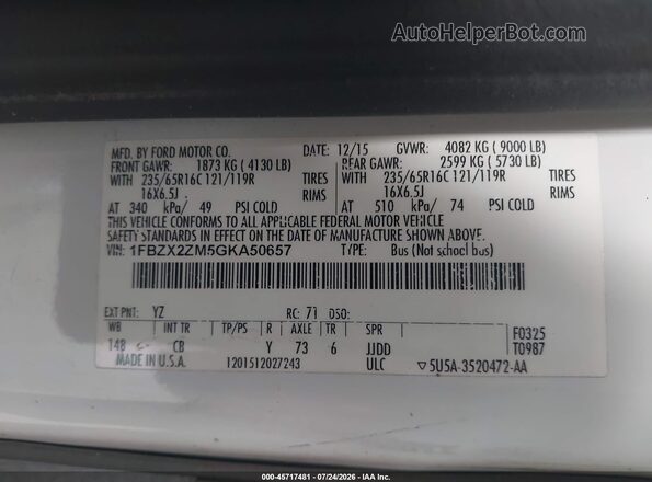 1FBZX2ZM5GKA50657 2016 FORD TRANSIT-350 White Շարժիչի բաժամունքի տեսք