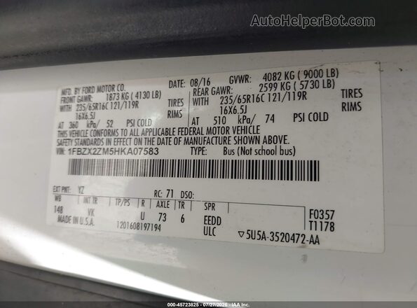 1FBZX2ZM5HKA07583 2017 FORD TRANSIT-350 White Vista del compartimento del motor